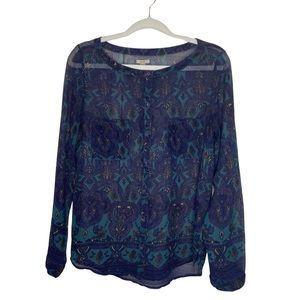 Ecote Sheer Blue Green Paisley Mandala Print Long Sleeve Top Size Medium